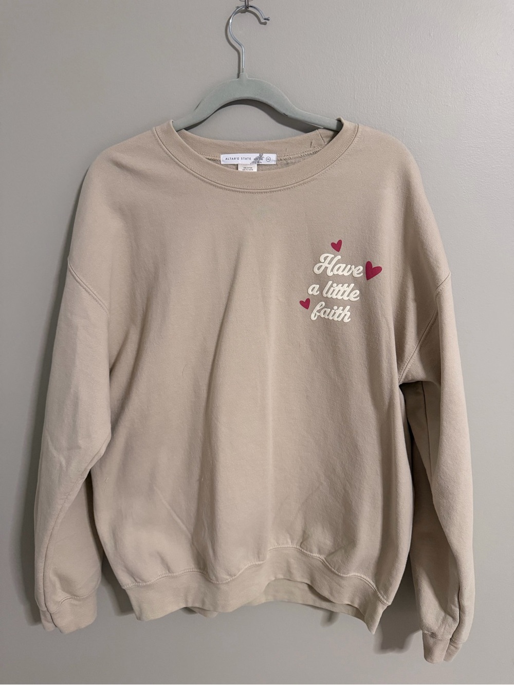 Altar'd State Beige 'Have a Little Faith' Crewneck Sweater with Pink Hearts